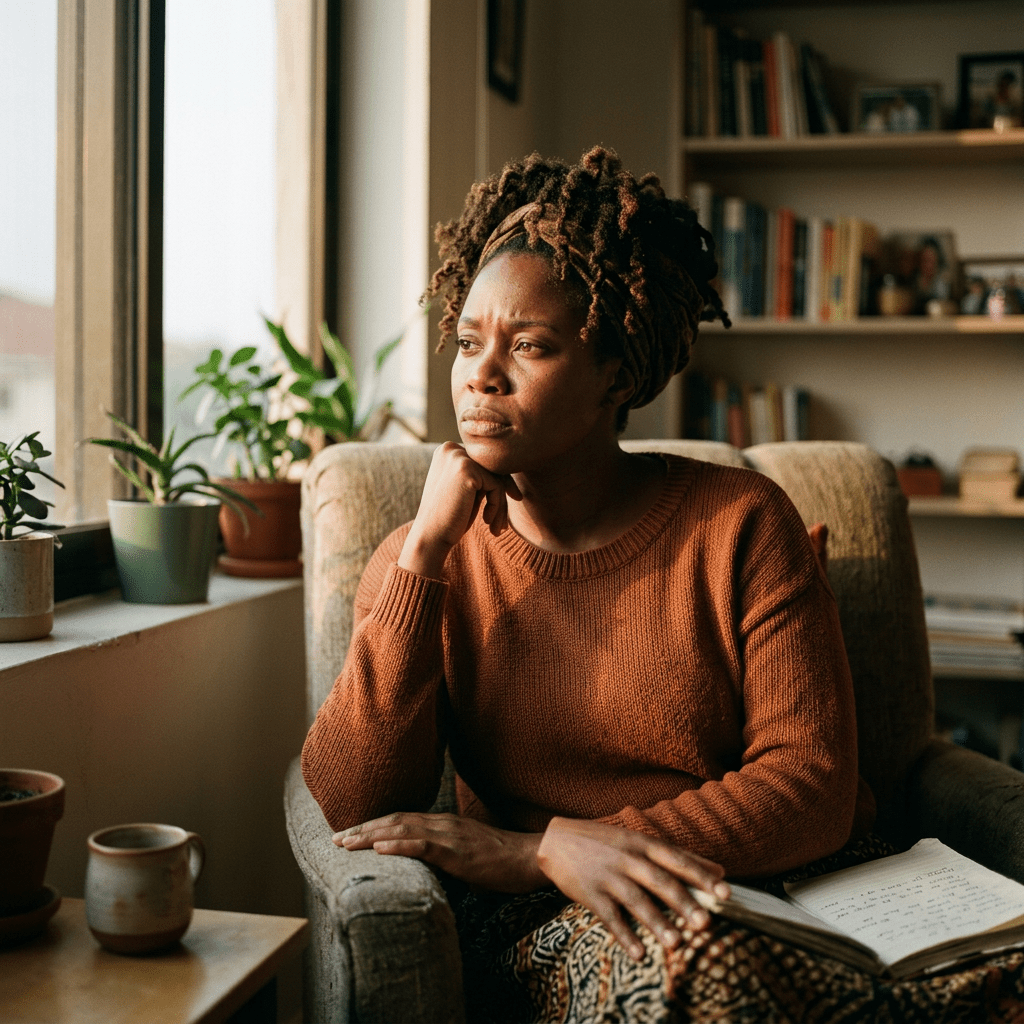 Woman in orange sweater sitting in armchair looking out window with open book on lap