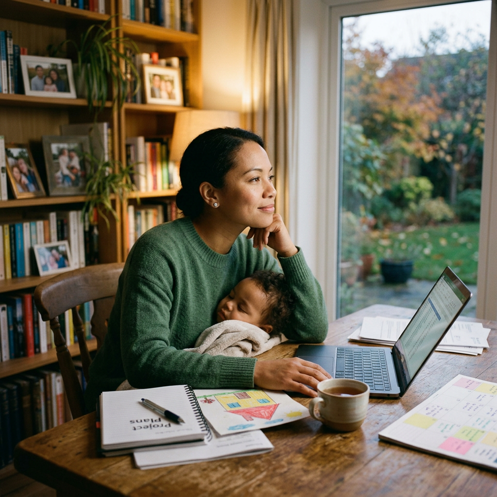 Woman sitting at a table with a sleeping child on her lap, working on a laptop.