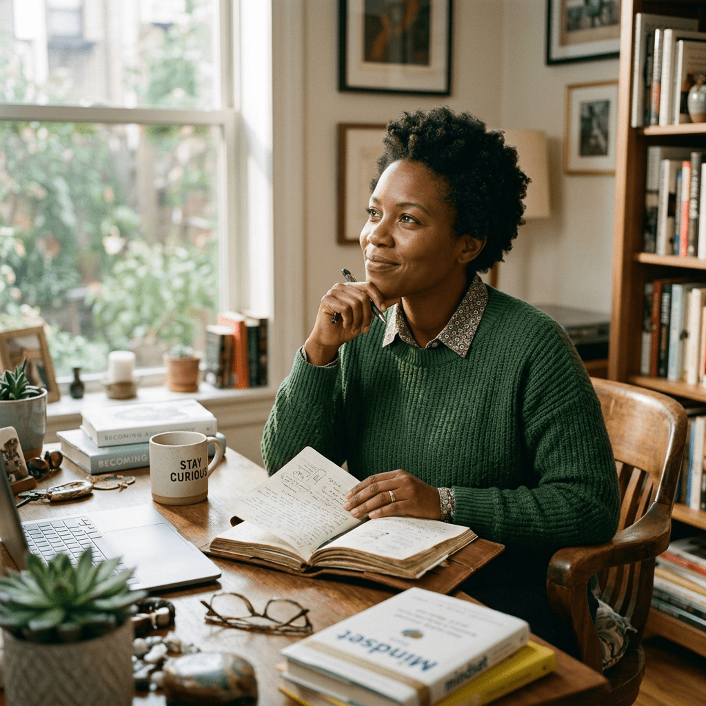 Woman sitting at a desk with open notebook and pen, looking thoughtfully away