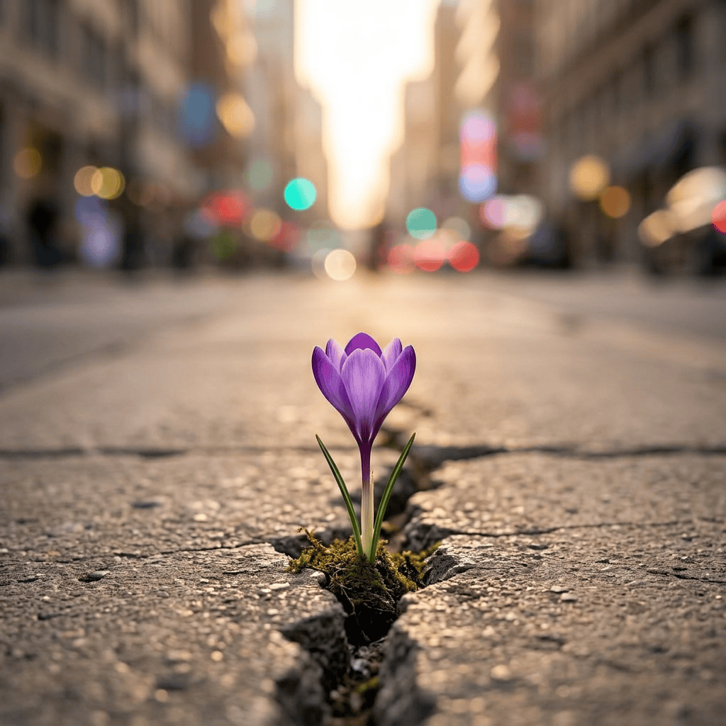 Single flower in crack, blurred city background