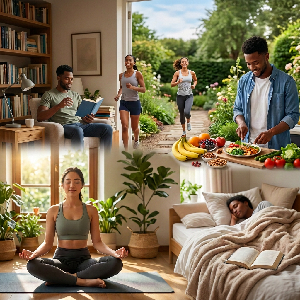 Infographic titled Different Types of Energy: Mind and Body Needs, showing exercise, meditation, nutrition, reading, hydration, sleep, and wellness categories.
