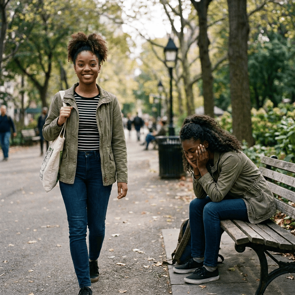 Smiling woman walking past a pensive woman seated on a park bench