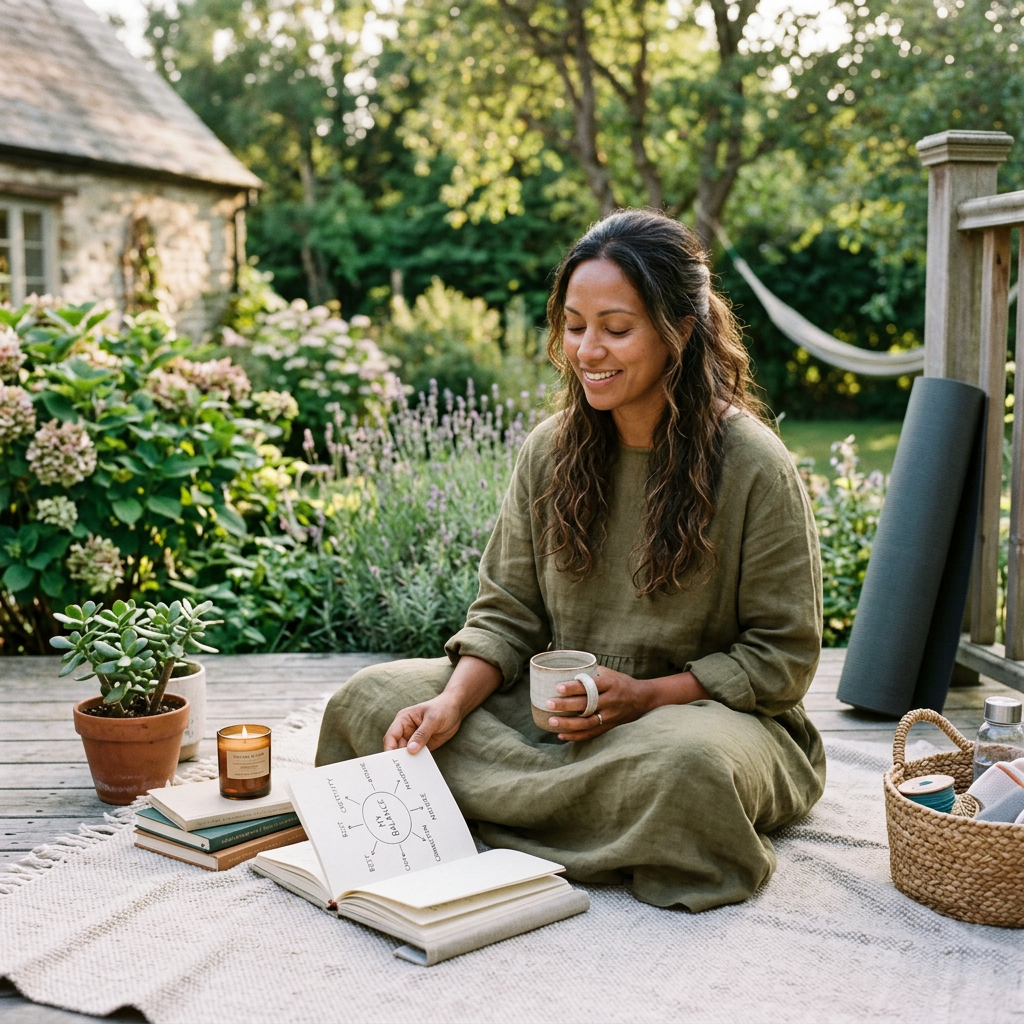 Woman journaling with tea on a garden deck beside plants and books
