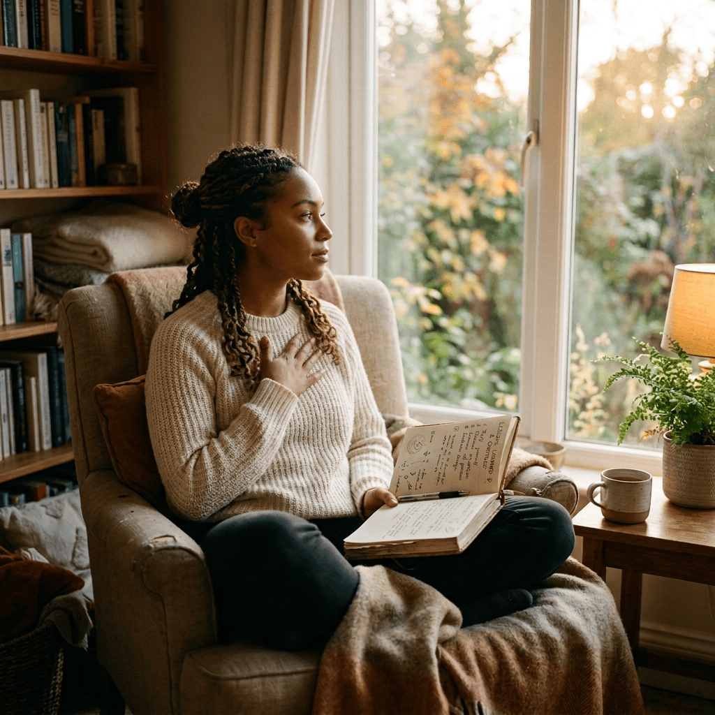 Woman journaling in an armchair beside a sunlit autumn window